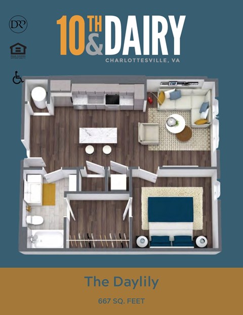 Floor plan for 1 bed, 1 bath, 667 sqft